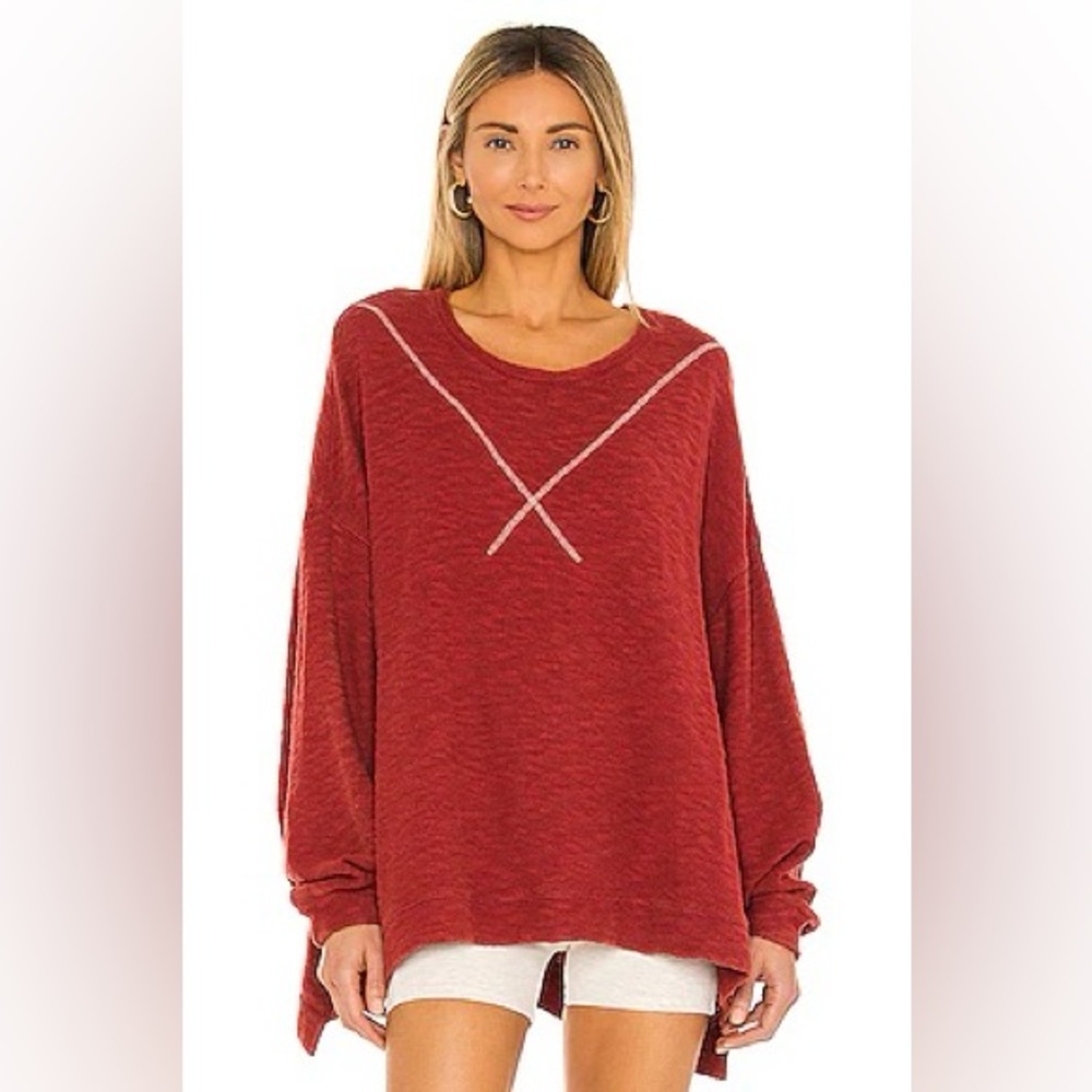 NWOT Free People Come Again Red Oversized Knit Tee in Sanguine, Size Small